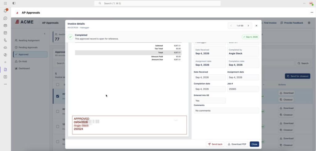 A completed invoice record in the AP approvals application with the approval stamp applied