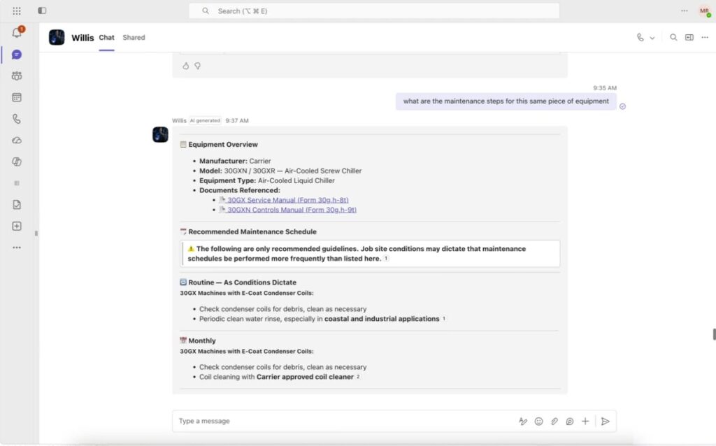Field Technician Knowledge Agent answering a maintenance question in Microsoft Teams