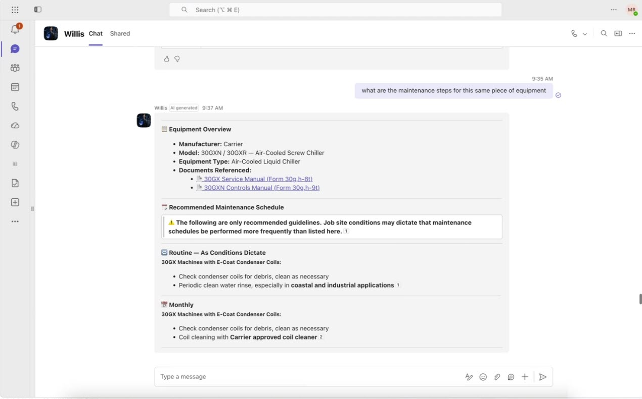 Field Technician Knowledge Agent answering a maintenance question in Microsoft Teams