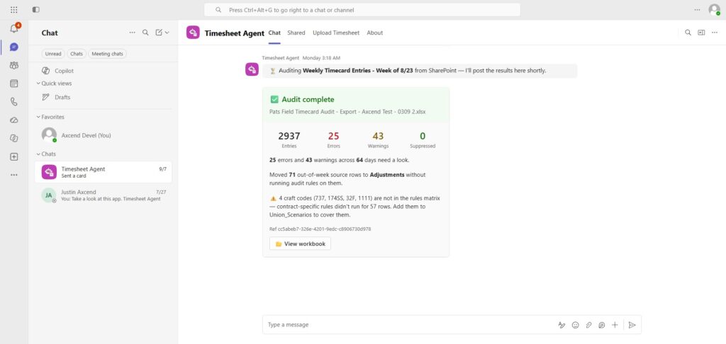 Union Payroll Audit Agent posting a weekly audit summary in Microsoft Teams